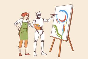 Robot with artificial intelligence stands next to woman artist and creates masterpiece on easel vector