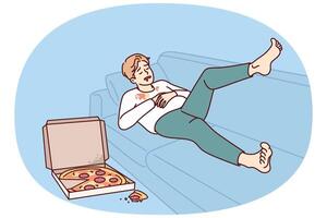 Ugly fat man sleeping on sofa near pizza box for wrong lifestyle concept of obesity causing vector