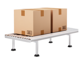 A Cardboard boxes stacked on metal shelf convey sense of organization and efficiency in storage or shipping environment. clean lines and neutral colors create professional atmosphere png