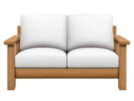 A modern wooden sofa with white cushions, perfect for cozy living space or outdoor patio. Its clean lines and natural wood finish create warm and inviting atmosphere png
