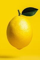 A vibrant, fresh lemon hangs against a bright yellow backdrop, showcasing its glossy texture and green leaf. Perfect for food photography and citrus-themed designs. photo