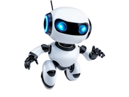 A cute, futuristic robot with sleek white body and glowing blue eyes is depicted dynamic pose, suggesting movement and playfulness. This charming character embodies advanced technology png