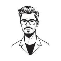A black and white drawing of a man with glasses vector