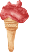Gelato Ice cream in bright pink color with cone that is drawn and painted by hand in watercolor fine art style png