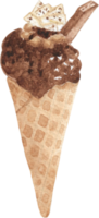 Chocolate Wafer Ice cream in cone that is drawn and painted by hand in watercolor fine art style png