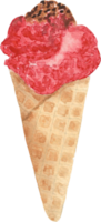Strawberry Choco Ice cream in cone that is drawn and painted by hand in watercolor fine art style png