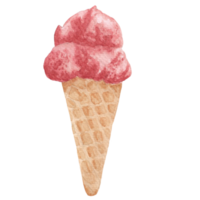 Raspberry Ice cream in pink color with cone that is drawn and painted by hand in watercolor fine art style png