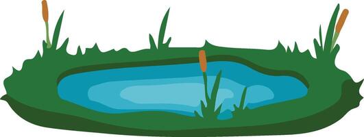 Flat Nature Pond Landscape with Green Grass and Reeds. vector