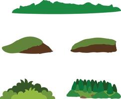 Flat Nature Landscape Elements Green Grass Bushes Trees. vector