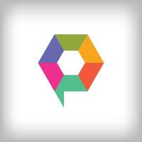 Different colored pentagon and speech bubble logo design. Simple communication corporate template. vector