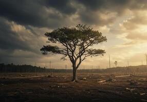 Lone Survivor. A solitary tree stands resilient amidst a deforested landscape, a poignant testament to nature's strength and the impact of deforestation. photo