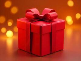 3D-Rendered Wrapped Present Icon - A glossy, cube-shaped gift box with a red satin ribbon and a perfect bow on top, set against a festive gold bokeh background photo