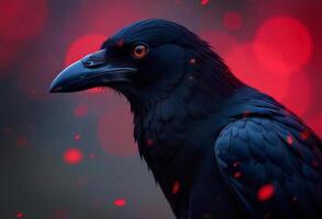 A black crow with orange eyes in a dark environment with red bokeh lights in the background photo