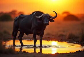 A black african buffalo with big horns standing in a pond, sunset in the african savannah photo