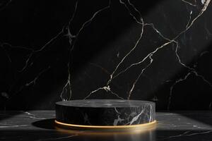 A black marble podium with gold trim on a black marble background with gold veins, studio lighting photo