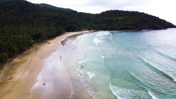 Drone flyover of tropical landscapes, swaying palm trees, and pristine beaches in Asia video