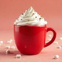3D-Rendered Hot Cocoa Mug Icon, A red mug with a smooth ceramic texture, topped with whipped cream and tiny marshmallows photo