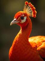 An orange peacock with a white beak and a crown of feathers on its head, in a blurry background photo