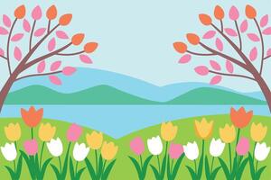 A stylized spring scene depicts colorful tulips blooming near trees by a calm lake with rolling green mountains in the background under a light blue sky. vector