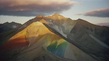 A mountain range with a rainbow effect on the side, some clouds in the sky, and a sunset photo