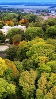Beautiful trees of different colors growing around the marvelous palace. Cityscape at backdrop in haze. Vertical video