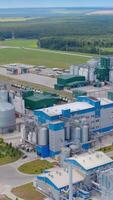 Modern industry surrounded by nature. Grain elevators on large agriculture factory on field. Grain-drying complex in rural land. Aerial view. Vertical video