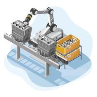 Robotic arm assembling engine components on automated conveyor in modern automotive manufacturing facility isometric isolated vector
