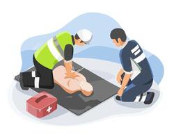 Safety officer demonstrating CPR technique to industrial worker during first aid training session isometric isolated vector