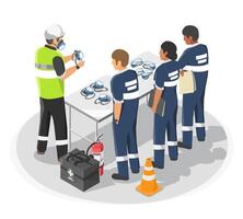 chemical safety training session with industrial workers learning how to properly use respiratory protection masks isometric isolated vector