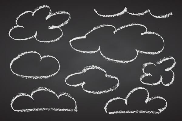 Set of crayon drawn clouds in kids style. Childish doodle naive icons isolated on black chalkboard.. Cute line chalk drawn sketch symbols of sky. Rough pastel bg texture. illustration.