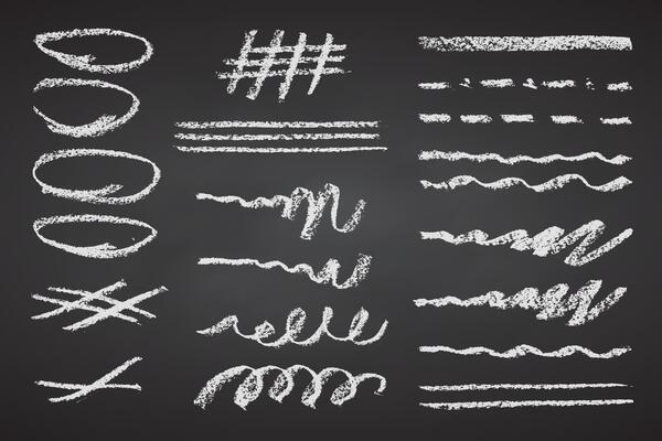 Charcoal pencil hand drawing curly lines splash, squiggles and shapes. Black elements on black chalkboard. Grunge chalk crayon scribbles doodles textures. Rough crayon strokes. illustration.