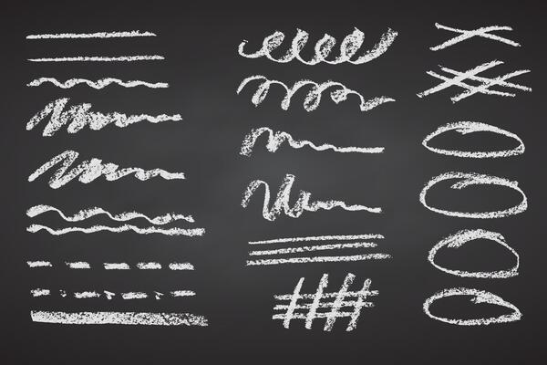 Charcoal pencil hand drawing curly lines, splash squiggles and shapes. Black elements on black chalkboard. Grunge chalk crayon scribbles doodles textures. Rough crayon strokes. illustration.