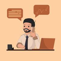 Businessman Making a Phone Call While Analyzing Charts and Reports at the Office Desk. vector