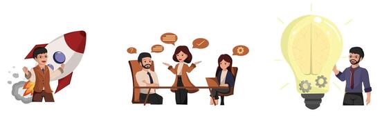 Collection of illustration. Business Concepts Startup Launch, Team Collaboration, and Innovation Thinking. vector