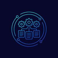 data management icon with documents and gears, linear design vector