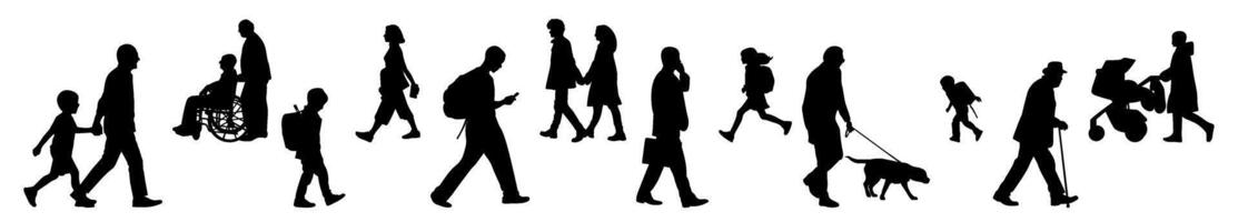 pedestrian illustration icon. collection of silhouettes of people walking in various ages and positions vector