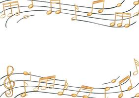 Yellow musical notes on black stave rectangle border with copy space for text. Golden sound symbols on staff watercolor illustration isolated background. Frame for concert, invitation, greeting card vector