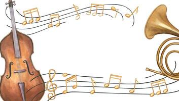 Double bass, French horn and musical notes on staff horizontal rectangle frame with empty space for text. Woodwind and string instruments watercolor illustration isolated background. For invitation. vector