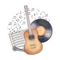 Six string guitar, microphone, vinyl record and open music notebook with musical notes watercolor illustration isolated background. Composition for themed projects, festival design, greeting card. vector