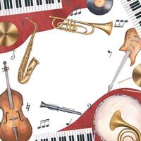 Watercolor drum kit, double bass, electric guitar, saxophone, trombone, piano and musical notes square frame isolated background. Musical percussion, string and wind instruments illustration for jazz vector