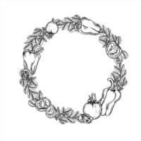 Fresh tomatoes, sweet bell peppers and parsley wreath line ink illustration in black and white. Etching drawing of salad leaves with vegetable round frame with empty space for text vector