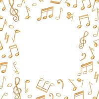 Yellow musical notes square border with empty space for text. Golden sound symbols watercolor illustration isolated background. Audio element frame for school design, invitation, greeting card vector