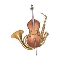 Double bass, French horn and saxophone watercolor illustration isolated background. Woodwind and string instruments composition. Orchestra elements for jazz festival design, invitation, greeting card vector