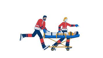 Diverse paramedics rushing with patient on stretcher cartoon animation. Emergency responders transporting unconscious woman animated flat 2D characters 4K isolated on white, scene storytelling video