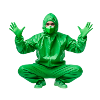 Person in Green Protective Suit with Raised Hands in Studio Setting png