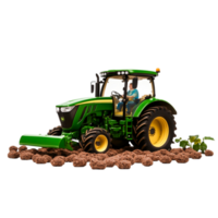 Green Tractor with Driver Tilling Soil in Agricultural Field Setting png