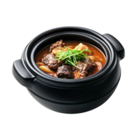Delicious Beef Stew in Black Clay Pot with Fresh Green Onions Garnish png