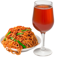 Delicious Plate of Noodles with Sauce and a Glass of Refreshing Drink png