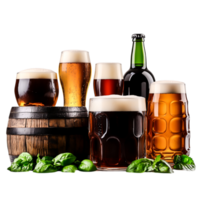 Assorted Beers with Fresh Basil and Wooden Barrel Dark Background png