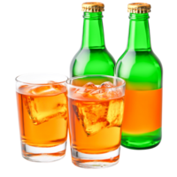 Refreshing Glasses with Ice and Colorful Bottles of Soft Drink Beverage png